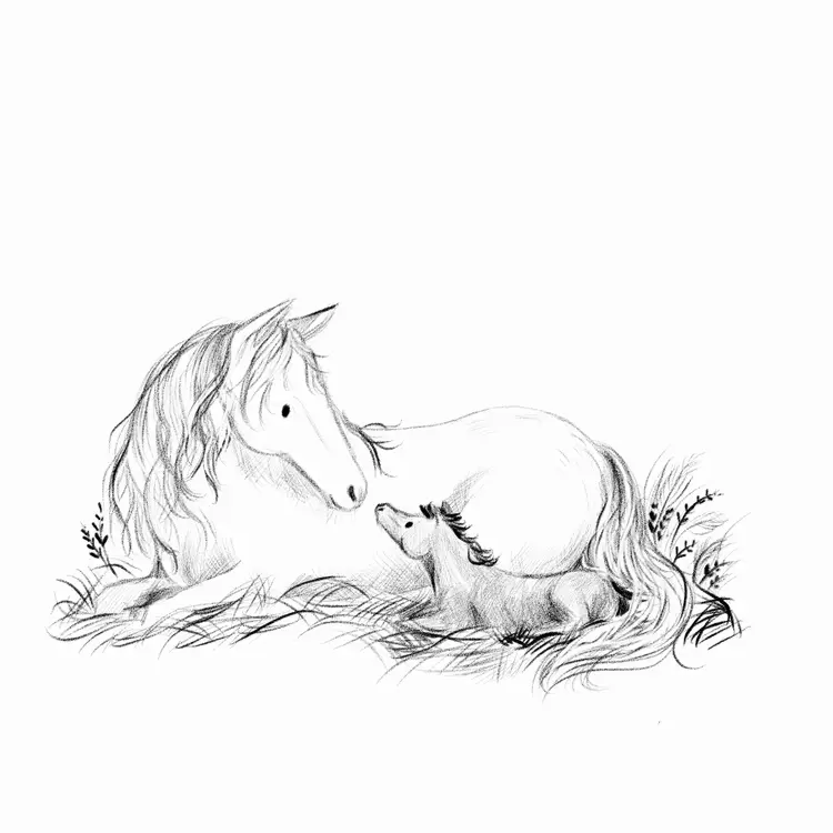 A pencil drawing of a mother horse and her foal 